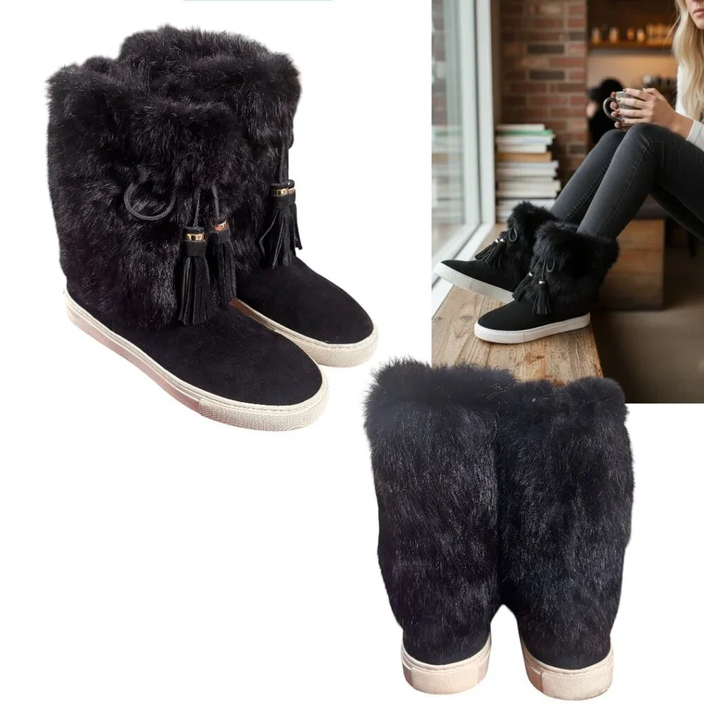 TORY BURCH‎ GENUINE FUR SNOW BUNNY TASSEL SUEDE BLACK BOOTS SIZE 7 EUC
